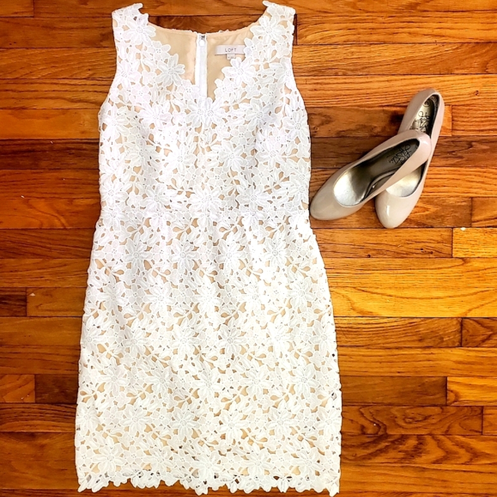 LOFT White Floral Lace Sheath Dress Size 10